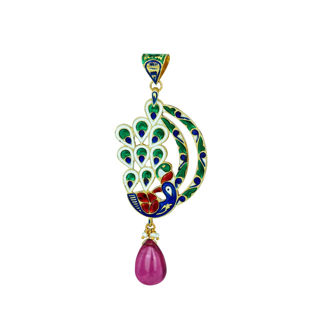 Peacock Enamel Pendant with Polki Diamonds and Tourmaline Drop